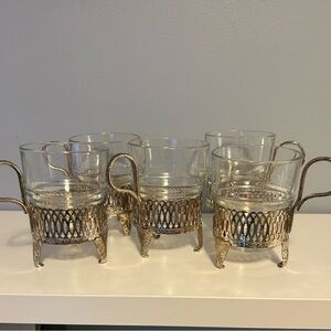 Mid-Century Glass Cups in Silver-Plated Holders Stamped  Set of 5